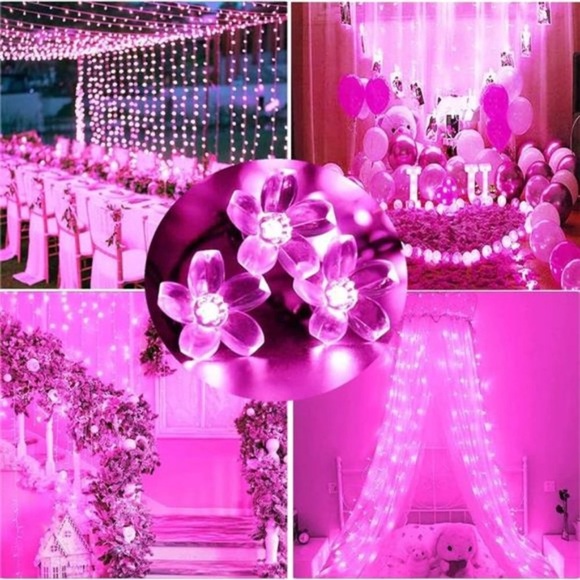 String Lights, Pink Lights Room Decor Flower String Lights 33 Feet 100LED 8 Mode - Picture 3 of 9